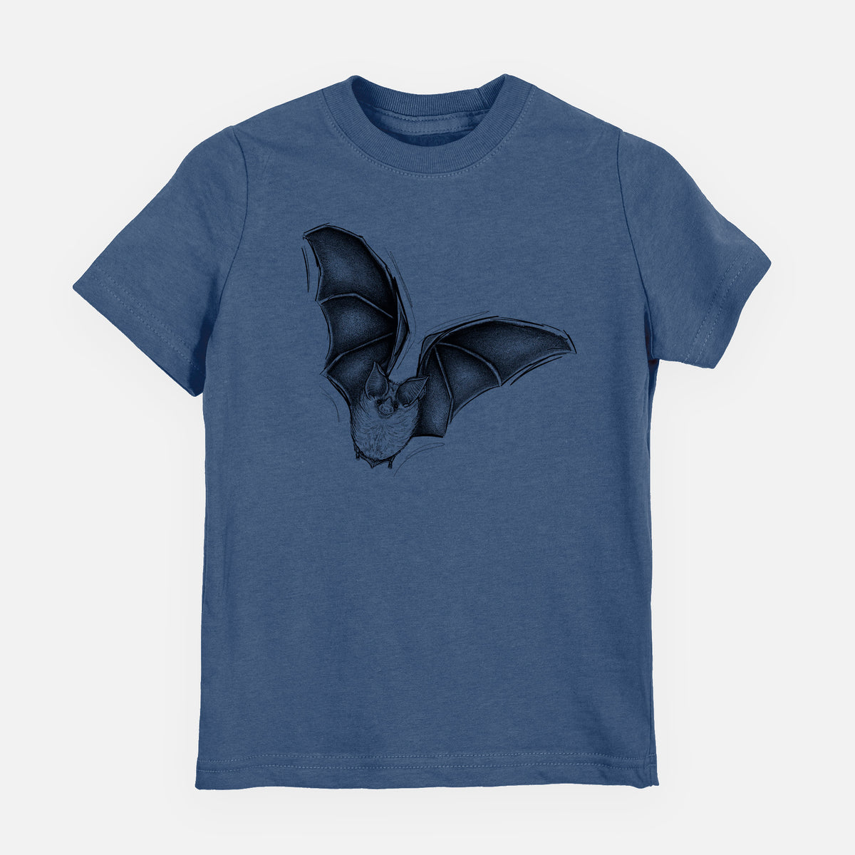 Indigo blue youth t-shirt laid flat, printed with a detailed black ink illustration of a California leaf-nosed bat in flight.