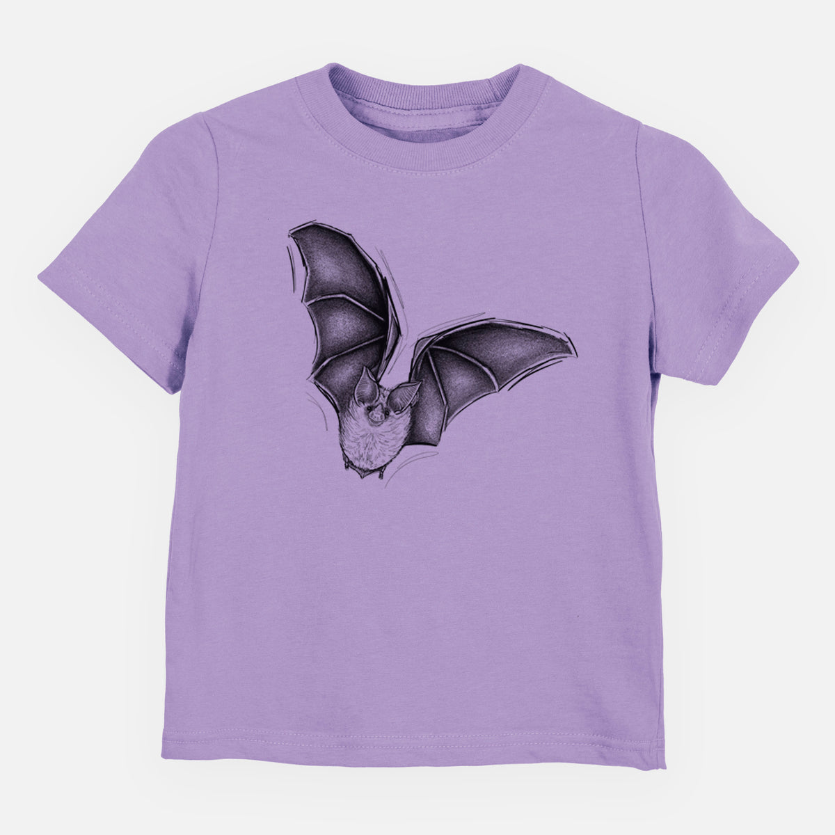 Lavender toddler t-shirt laid flat, printed with a detailed black ink illustration of a California leaf-nosed bat in flight.