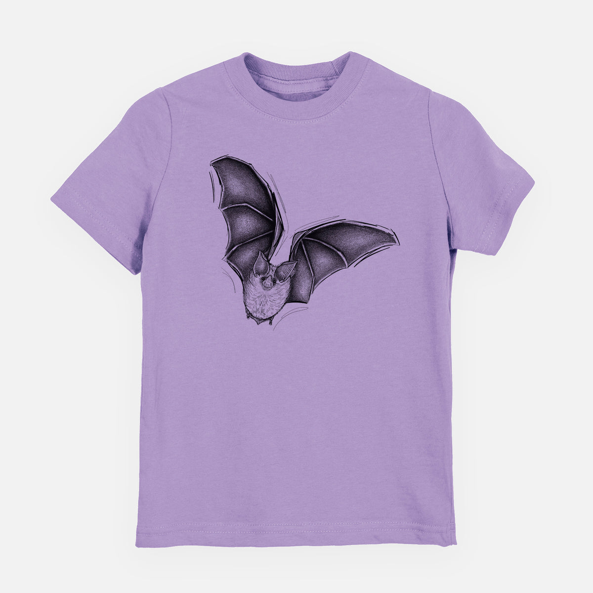 Lavender youth t-shirt laid flat, printed with a detailed black ink illustration of a California leaf-nosed bat in flight.
