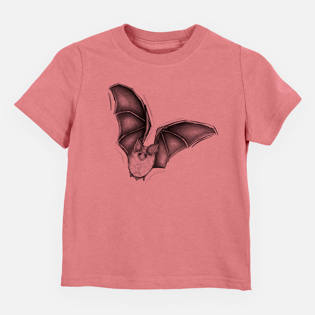 Mauve pink toddler t-shirt laid flat, printed with a detailed black ink illustration of a California leaf-nosed bat in flight.