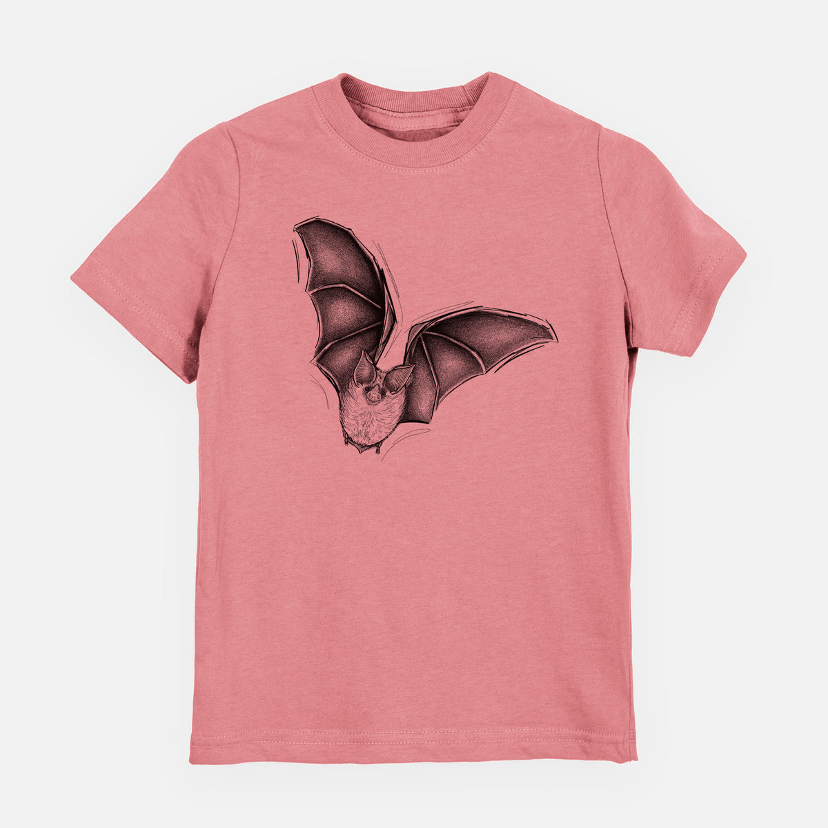 Mauve pink youth t-shirt laid flat, printed with a detailed black ink illustration of a California leaf-nosed bat in flight.