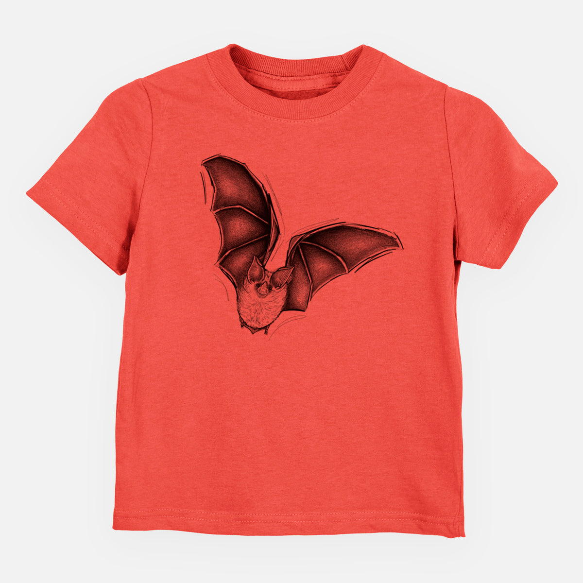 Passionfruit pink toddler t-shirt laid flat, printed with a detailed black ink illustration of a California leaf-nosed bat in flight.