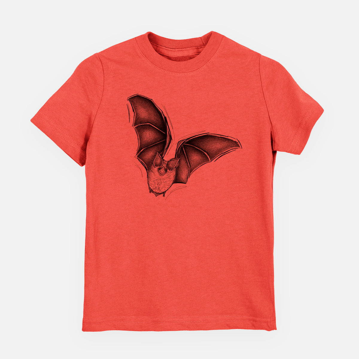 Passionfruit pink youth t-shirt laid flat, printed with a detailed black ink illustration of a California leaf-nosed bat in flight.