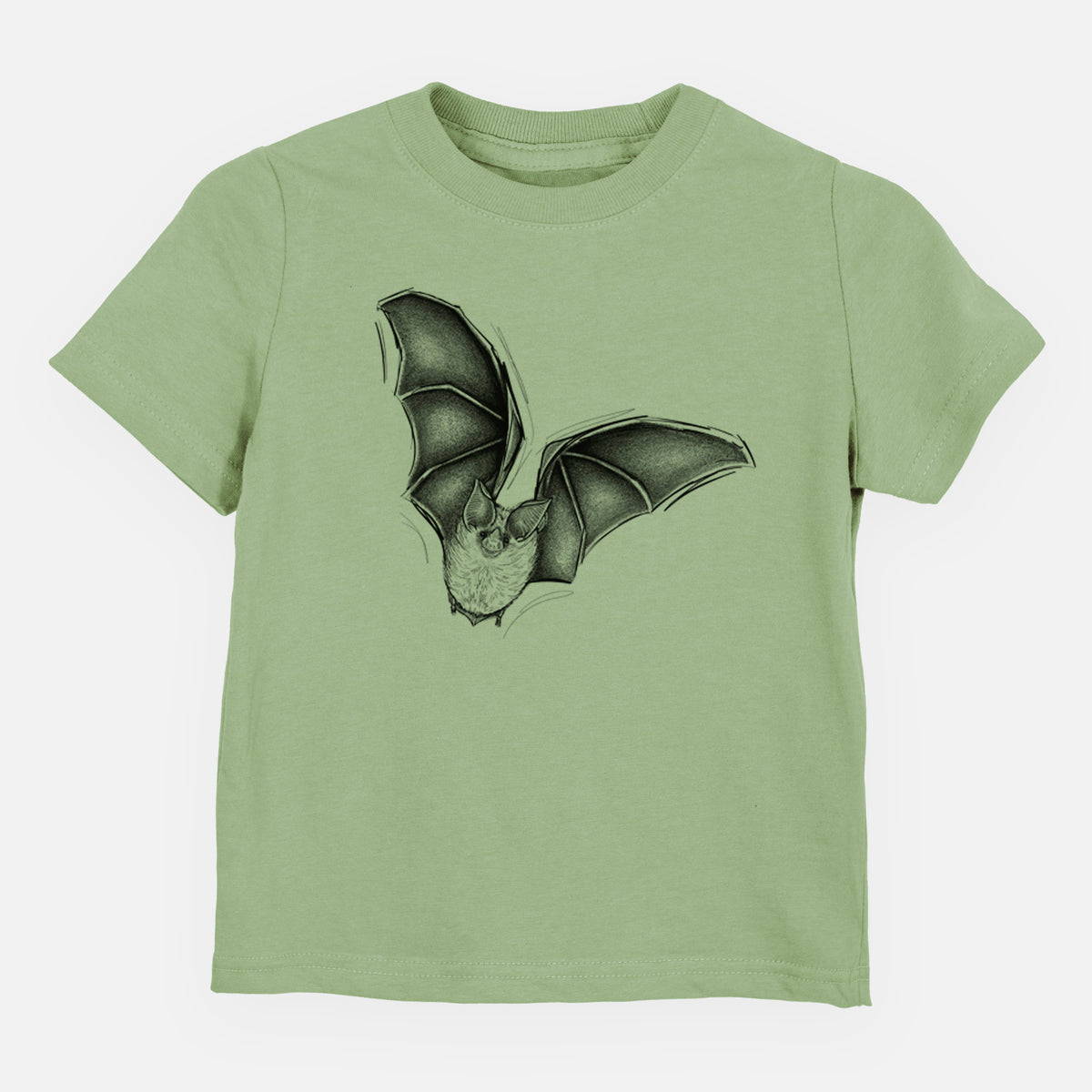 Sage green toddler t-shirt laid flat, printed with a detailed black ink illustration of a California leaf-nosed bat in flight.