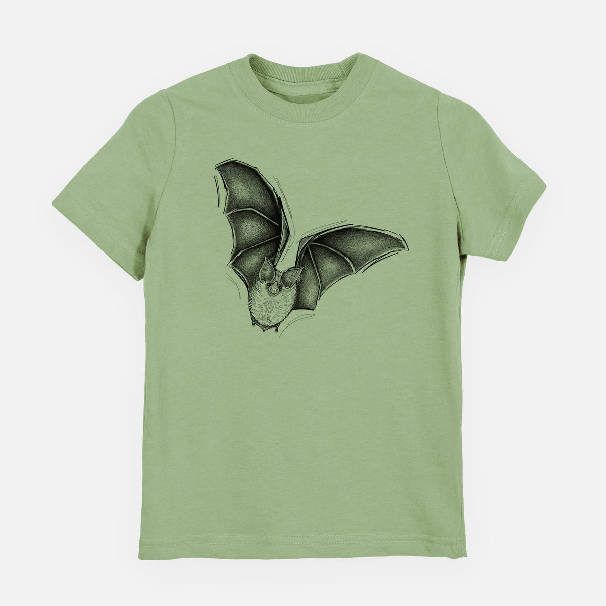Sage green youth t-shirt laid flat, printed with a detailed black ink illustration of a California leaf-nosed bat in flight.