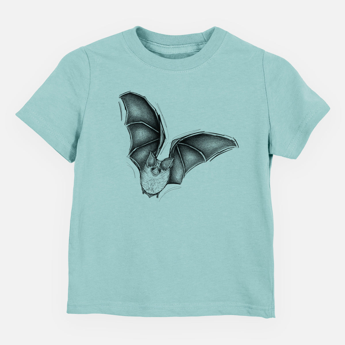 Saltwater toddler t-shirt laid flat, printed with a detailed black ink illustration of a California leaf-nosed bat in flight.