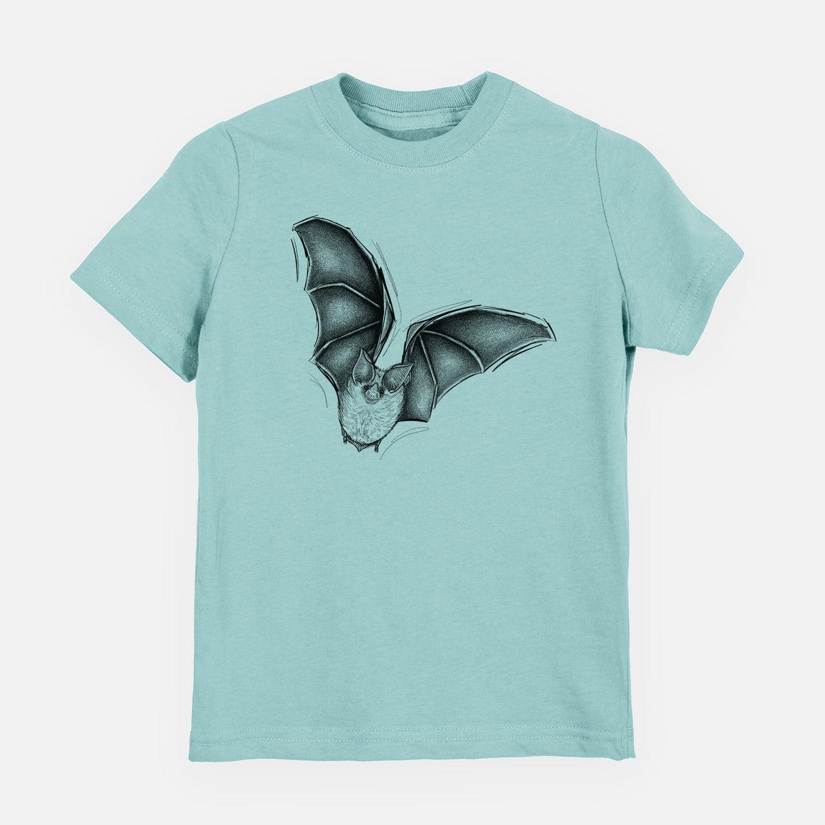 Saltwater youth t-shirt laid flat, printed with a detailed black ink illustration of a California leaf-nosed bat in flight.