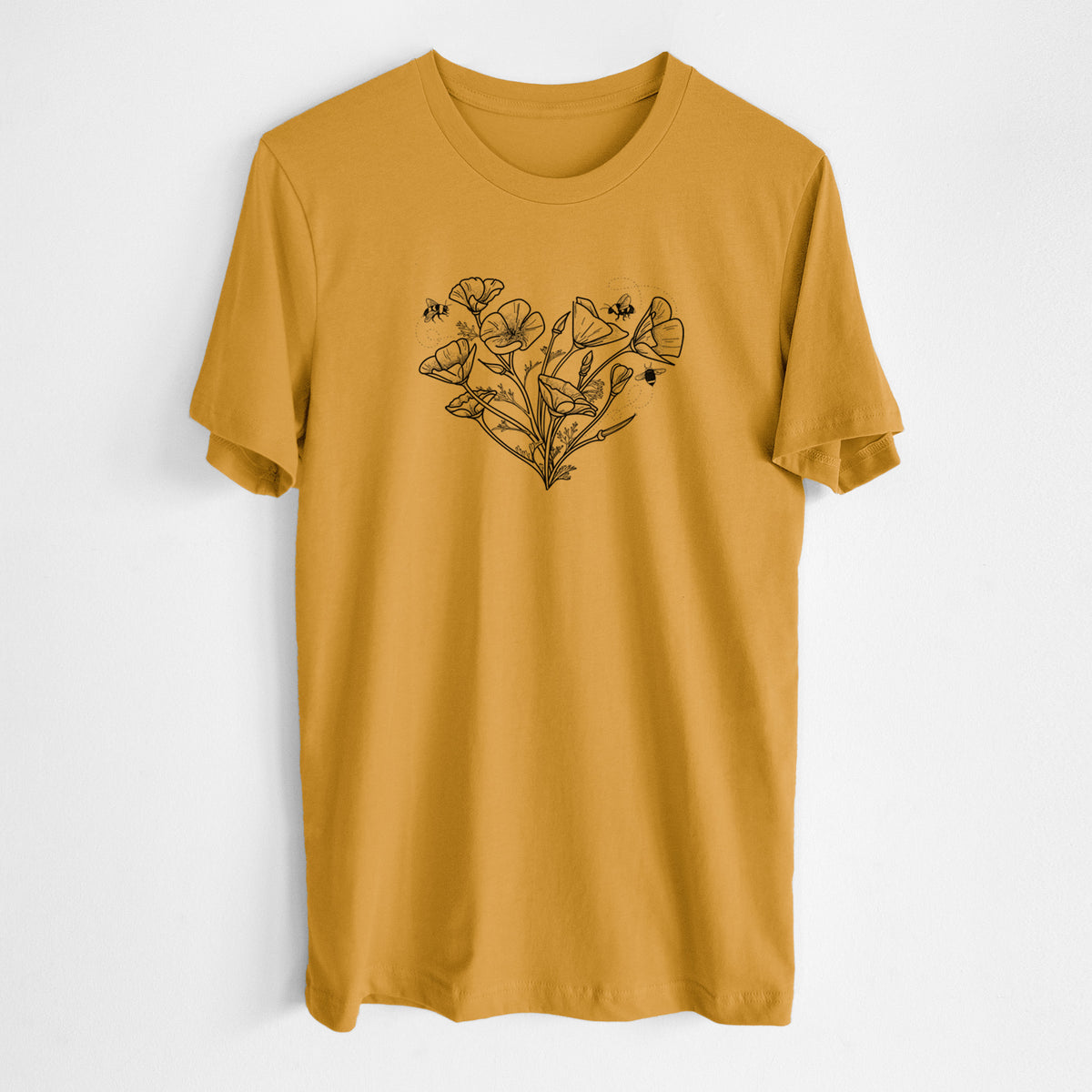 Honeycomb yellow lightweight cotton t-shirt laid flat, printed with a black ink line drawing of California poppies arranged in a heart shape, with small bees.