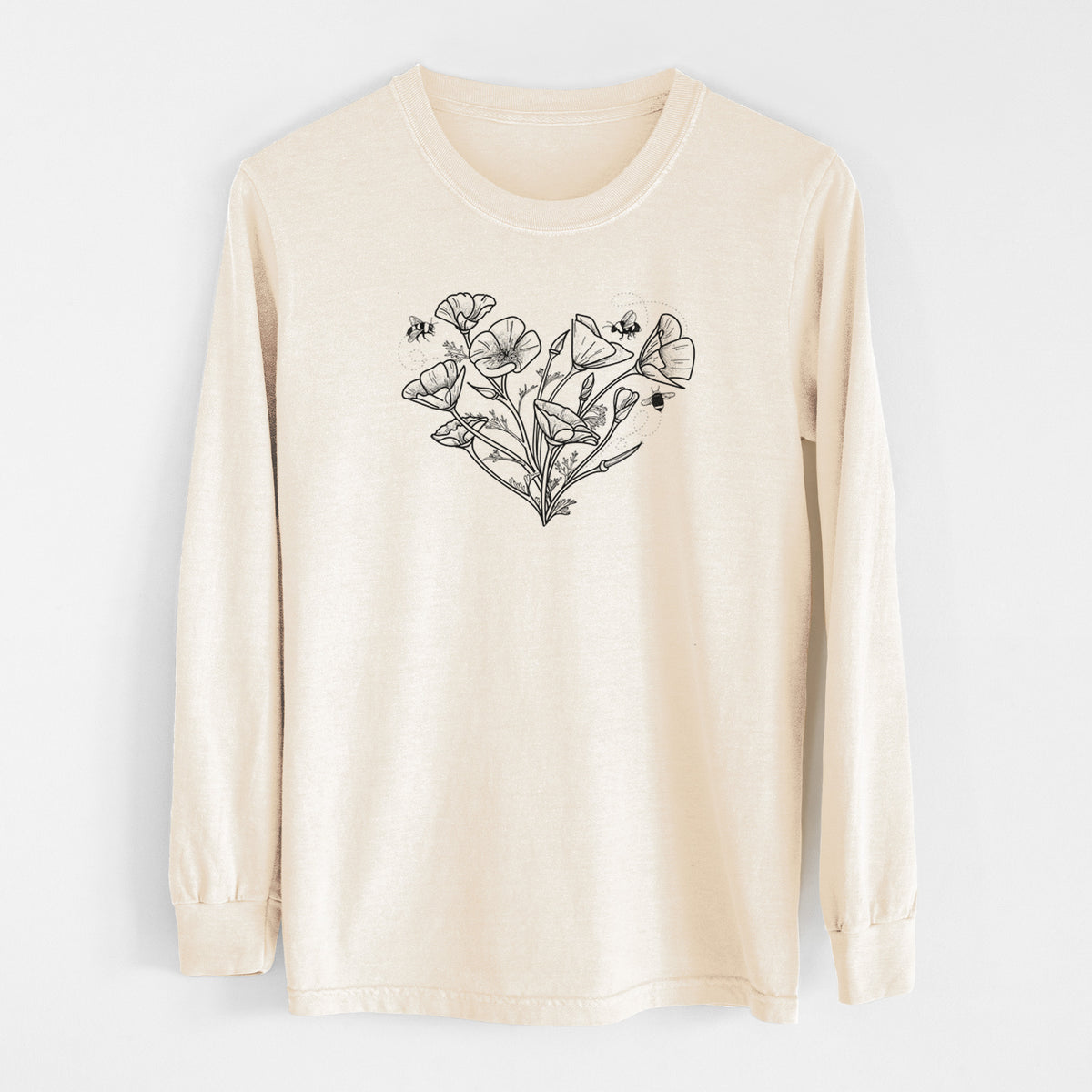 Ivory Comfort Colors long sleeve shirt laid flat, printed with a black ink line drawing of California poppies arranged in a heart shape, with small bees.