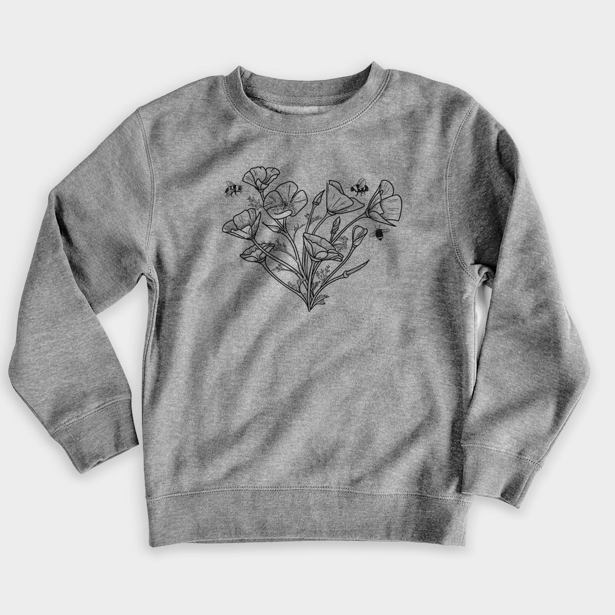 Nickel grey youth crewneck sweatshirt laid flat, printed with a black ink line drawing of California poppies arranged in a heart shape, with small bees.