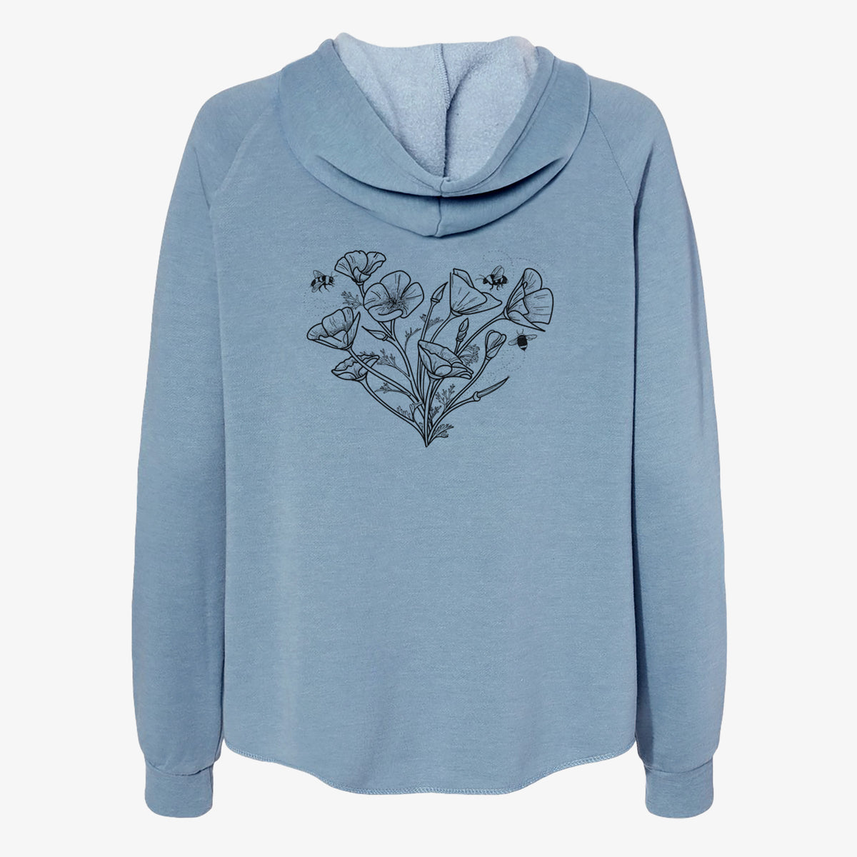 Misty blue women's Cali Wave zip-up sweatshirt laid flat, printed with a black ink line drawing of California poppies arranged in a heart shape, with small bees.