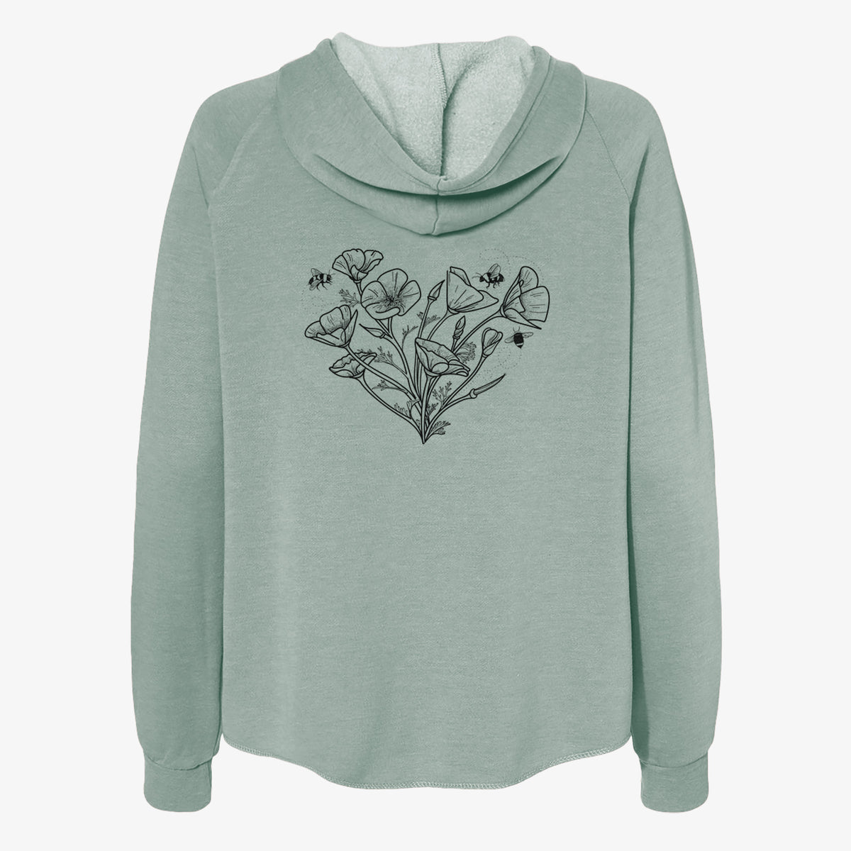 Sage green women's Cali Wave zip-up sweatshirt laid flat, printed with a black ink line drawing of California poppies arranged in a heart shape, with small bees.