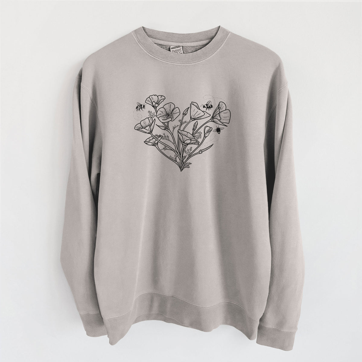 Cement grey pigment dyed crewneck sweatshirt laid flat, printed with a black ink line drawing of California poppies arranged in a heart shape, with small bees.