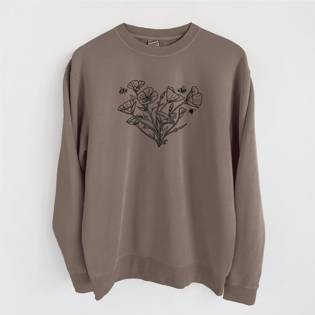 California Poppy Heart - Unisex Pigment Dyed Crew Sweatshirt in Espresso Brown Color