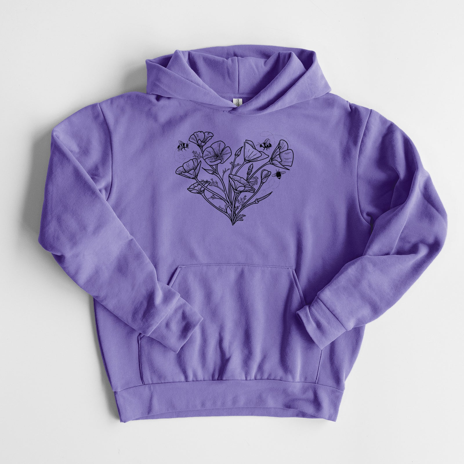 California Poppy Heart - Statement Midweight Hoodie in Violet, laid flat, showing the oversized boxy fit and front kangaroo pocket.