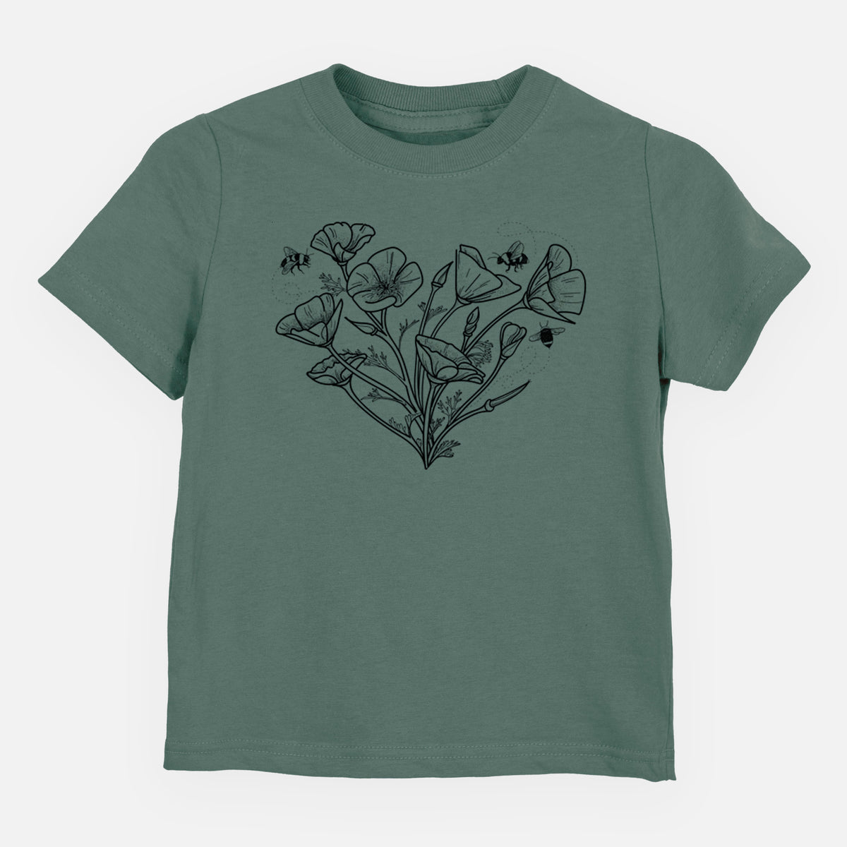 Basil green toddler t-shirt laid flat, printed with a black ink line drawing of California poppies arranged in a heart shape, with small bees.