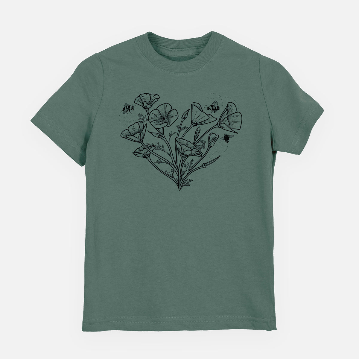 Basil green youth t-shirt laid flat, printed with a black ink line drawing of California poppies arranged in a heart shape, with small bees.