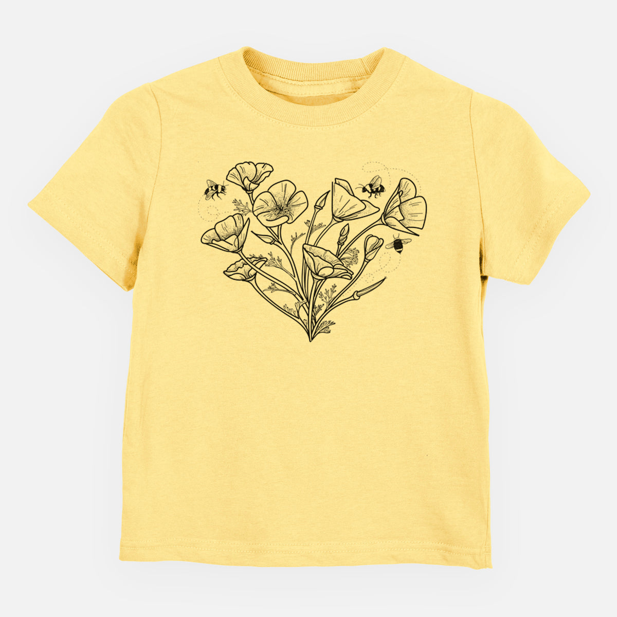 Butter yellow toddler t-shirt laid flat, printed with a black ink line drawing of California poppies arranged in a heart shape, with small bees.