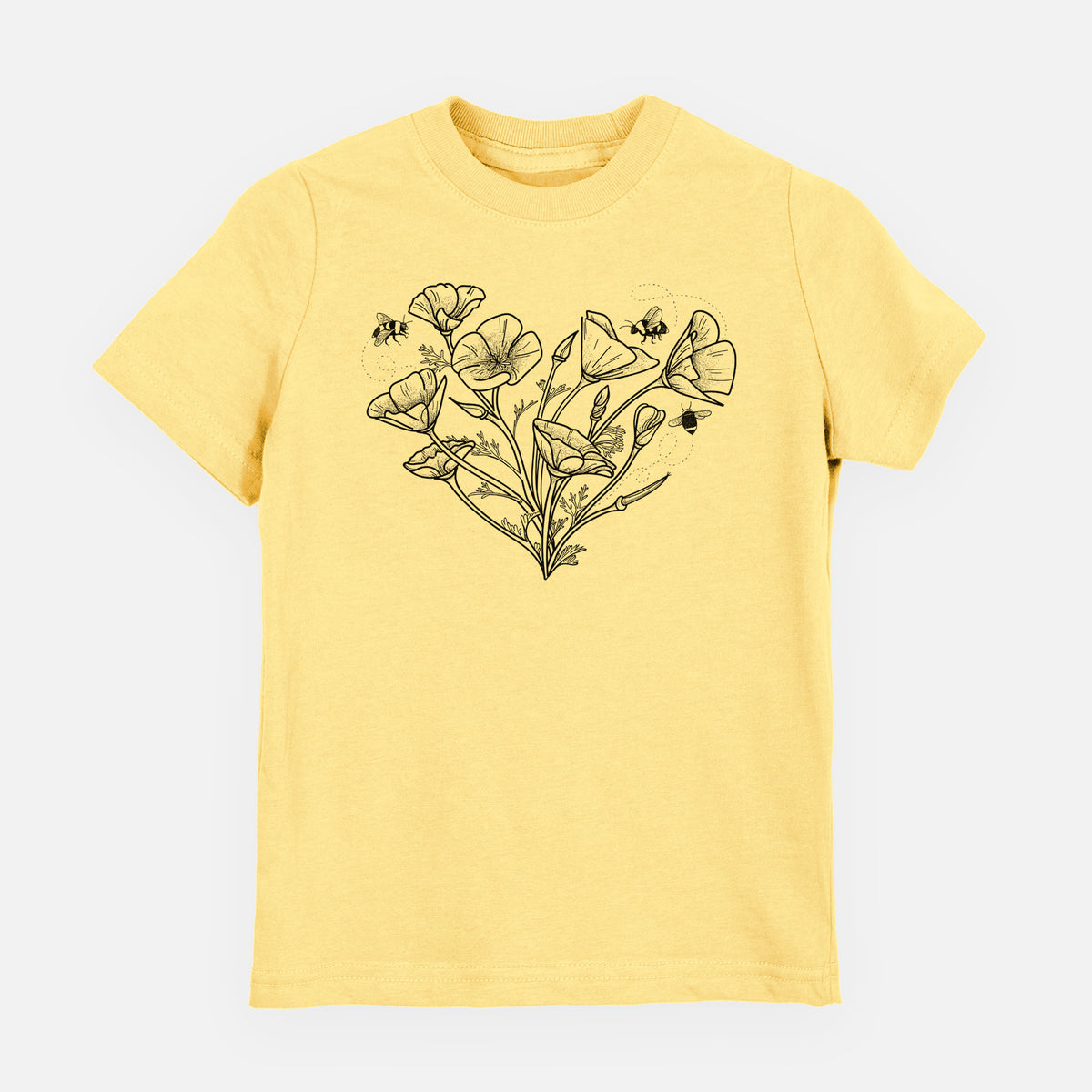 Butter yellow youth t-shirt laid flat, printed with a black ink line drawing of California poppies arranged in a heart shape, with small bees.