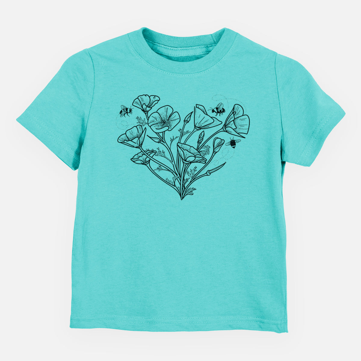 Caribbean blue toddler t-shirt laid flat, printed with a black ink line drawing of California poppies arranged in a heart shape, with small bees.
