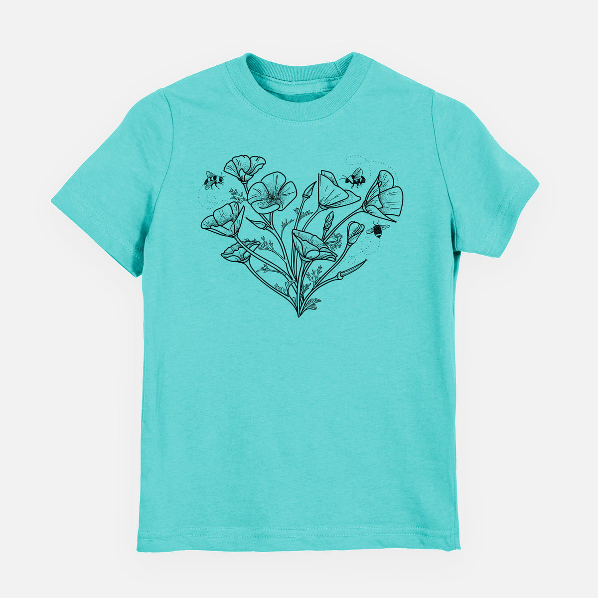 Caribbean blue youth t-shirt laid flat, printed with a black ink line drawing of California poppies arranged in a heart shape, with small bees.