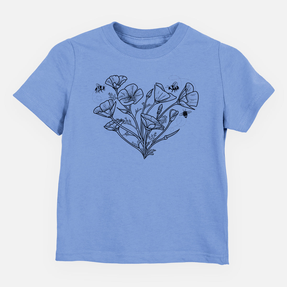 Carolina blue toddler t-shirt laid flat, printed with a black ink line drawing of California poppies arranged in a heart shape, with small bees.