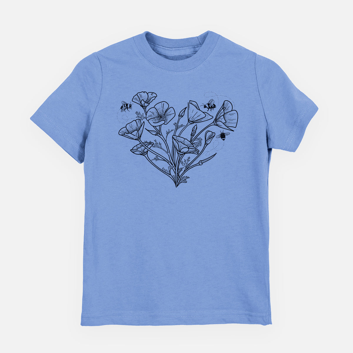 Carolina blue youth t-shirt laid flat, printed with a black ink line drawing of California poppies arranged in a heart shape, with small bees.