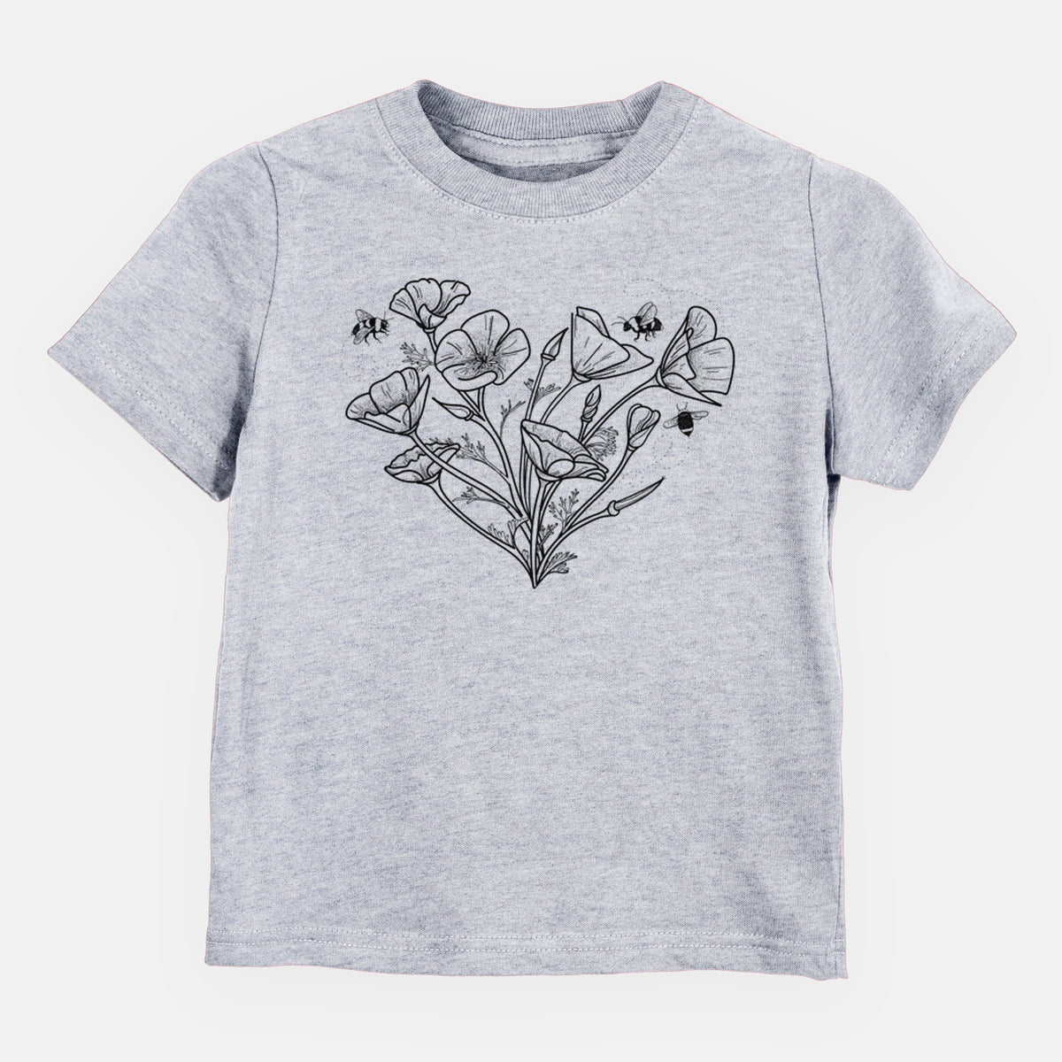 Heather grey toddler t-shirt laid flat, printed with a black ink line drawing of California poppies arranged in a heart shape, with small bees.