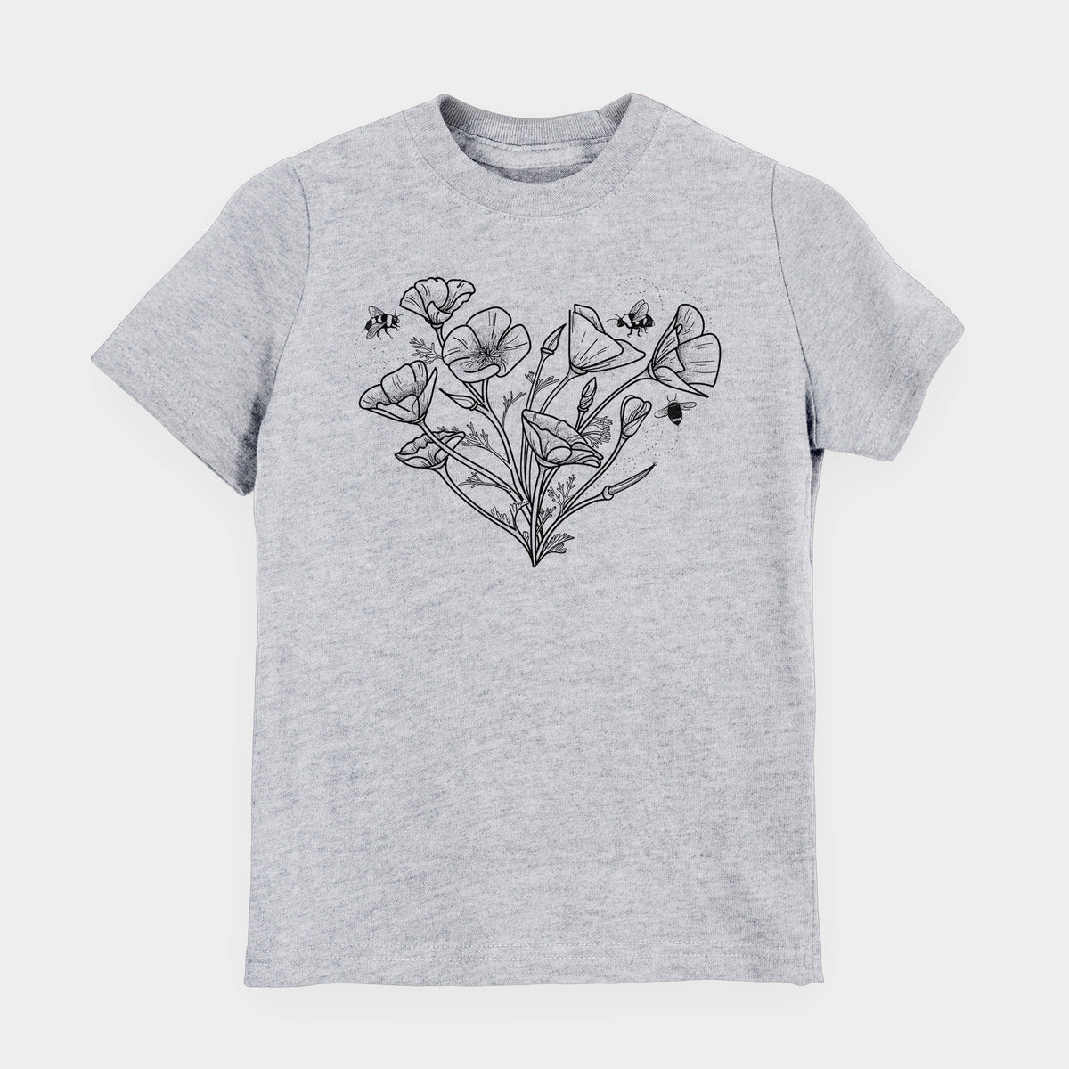 Heather grey youth t-shirt laid flat, printed with a black ink line drawing of California poppies arranged in a heart shape, with small bees.