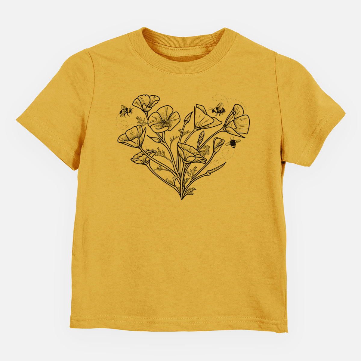 Honeycomb yellow toddler t-shirt laid flat, printed with a black ink line drawing of California poppies arranged in a heart shape, with small bees.