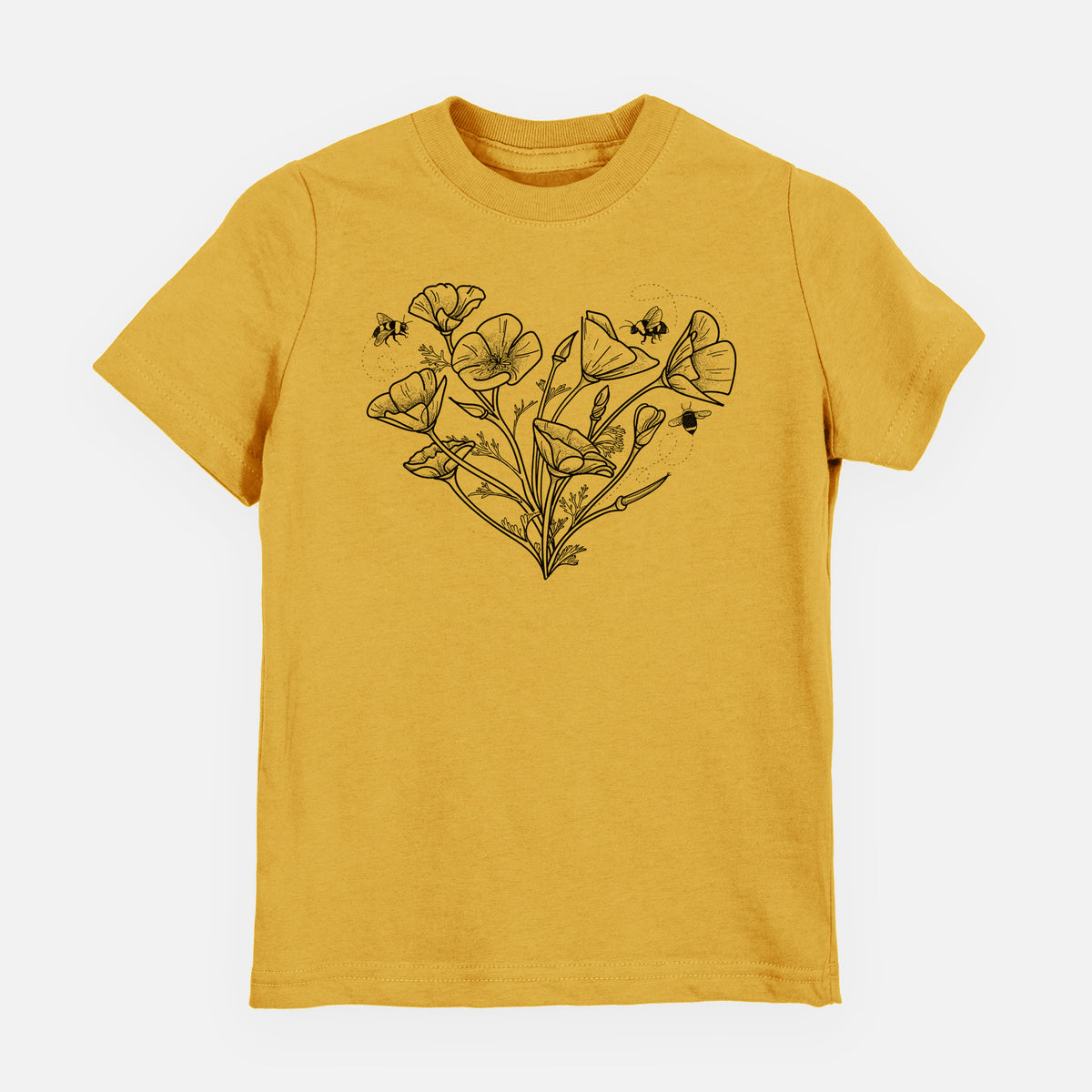 Honeycomb yellow youth t-shirt laid flat, printed with a black ink line drawing of California poppies arranged in a heart shape, with small bees.