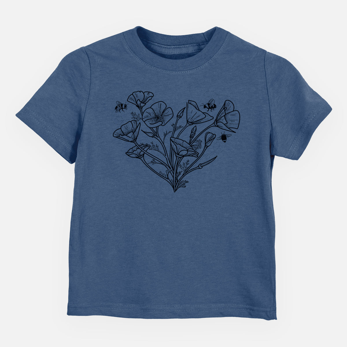 Indigo blue toddler t-shirt laid flat, printed with a black ink line drawing of California poppies arranged in a heart shape, with small bees.
