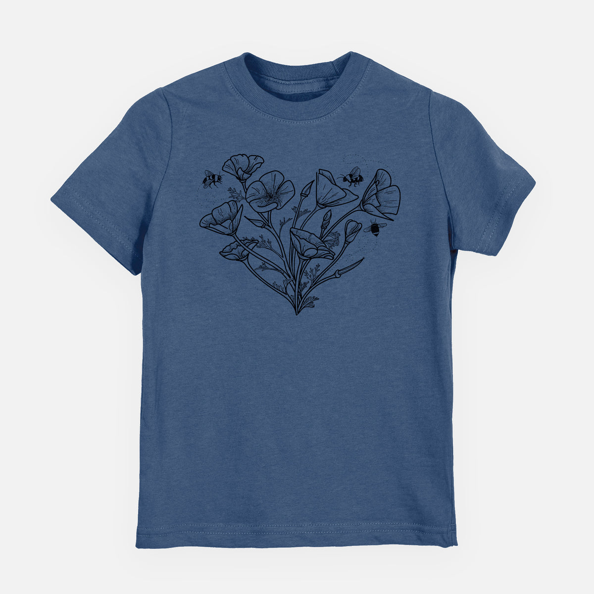 Indigo blue youth t-shirt laid flat, printed with a black ink line drawing of California poppies arranged in a heart shape, with small bees.