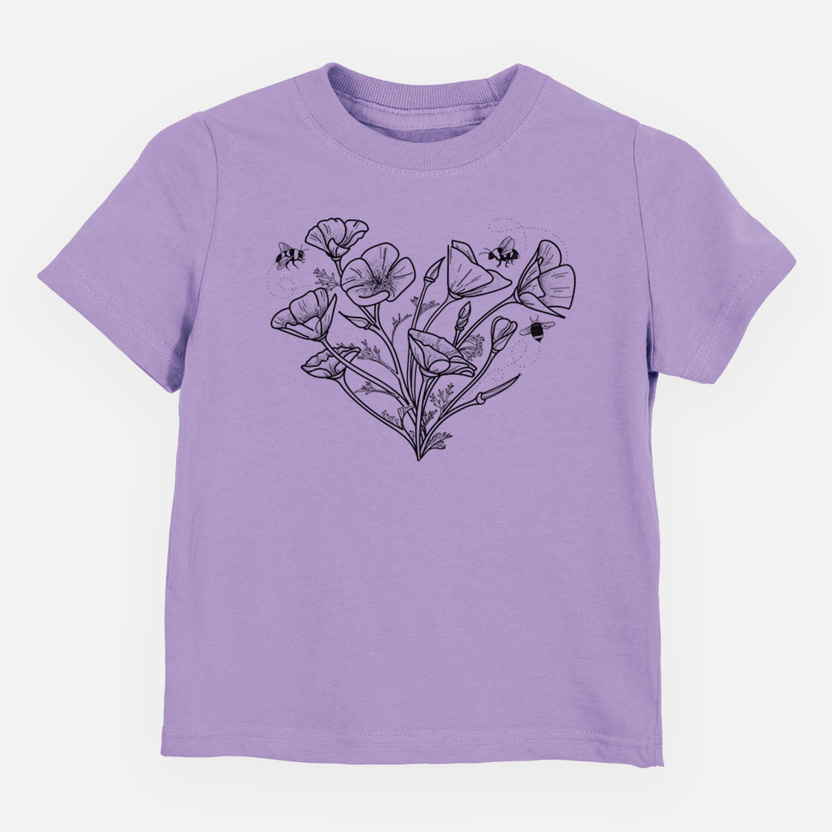 Lavender toddler t-shirt laid flat, printed with a black ink line drawing of California poppies arranged in a heart shape, with small bees.