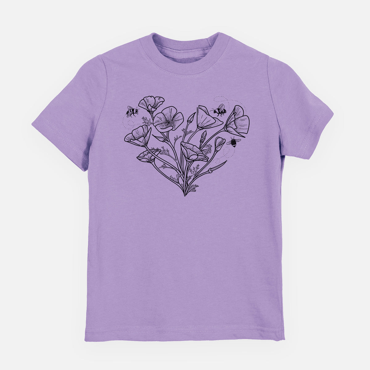 Lavender youth t-shirt laid flat, printed with a black ink line drawing of California poppies arranged in a heart shape, with small bees.