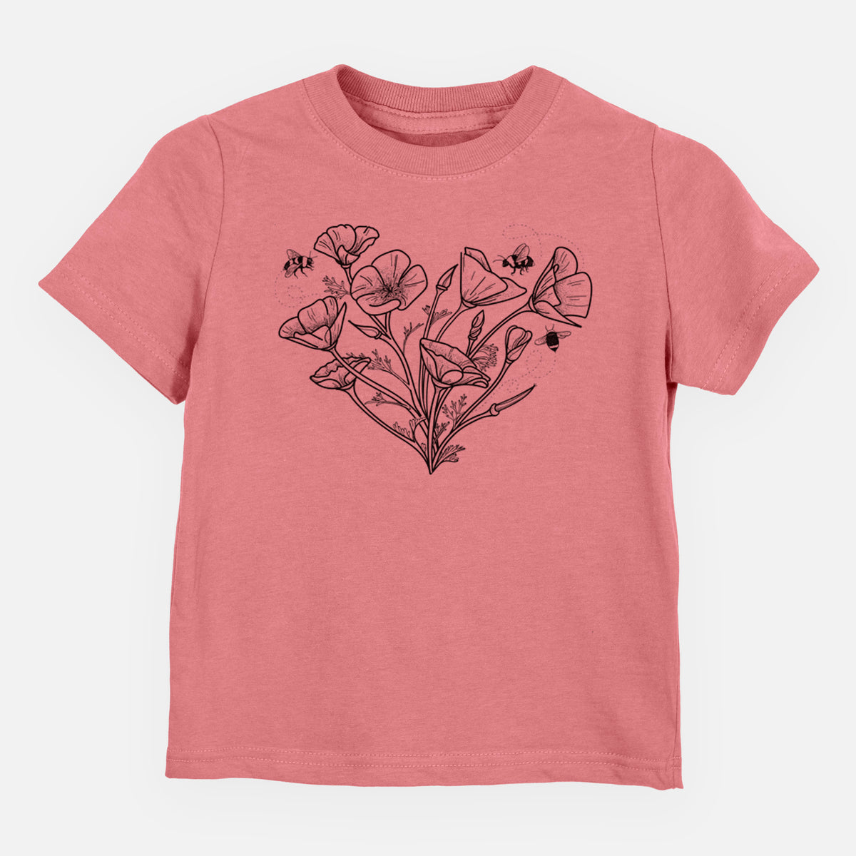 Mauve pink toddler t-shirt laid flat, printed with a black ink line drawing of California poppies arranged in a heart shape, with small bees.