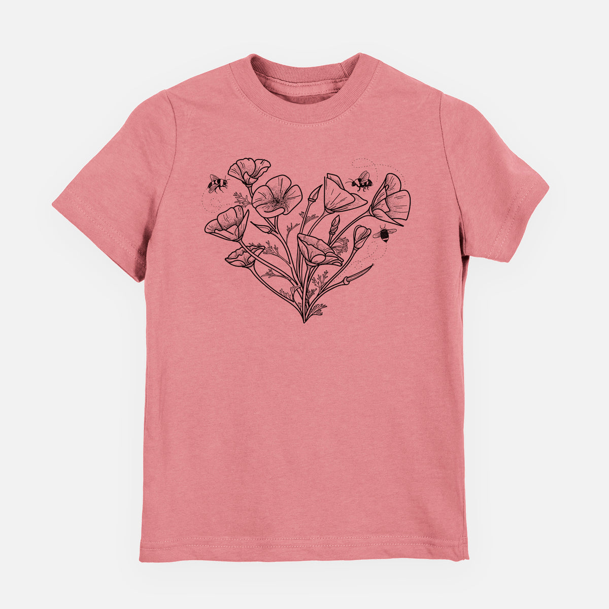 Mauve pink youth t-shirt laid flat, printed with a black ink line drawing of California poppies arranged in a heart shape, with small bees.