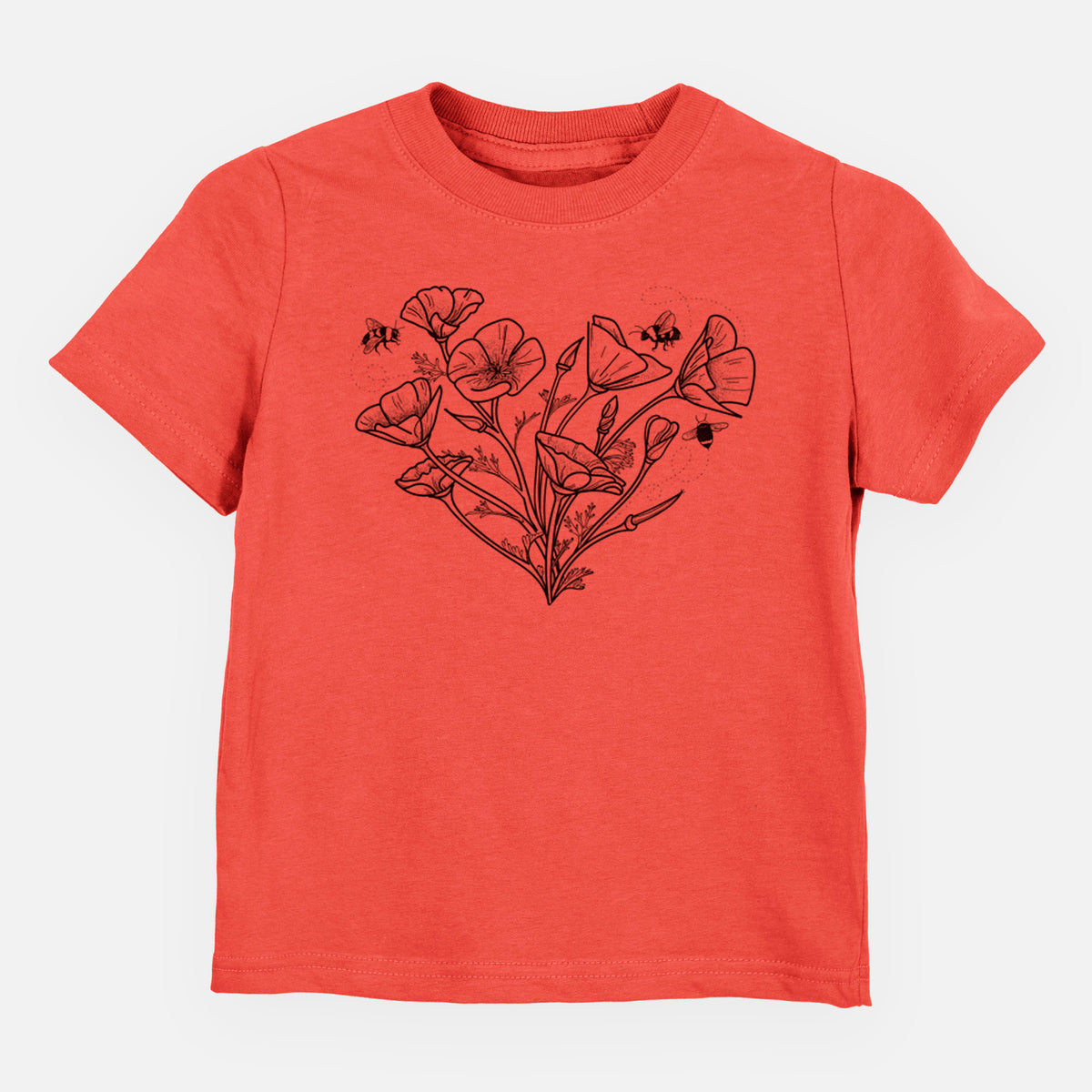Passionfruit pink toddler t-shirt laid flat, printed with a black ink line drawing of California poppies arranged in a heart shape, with small bees.