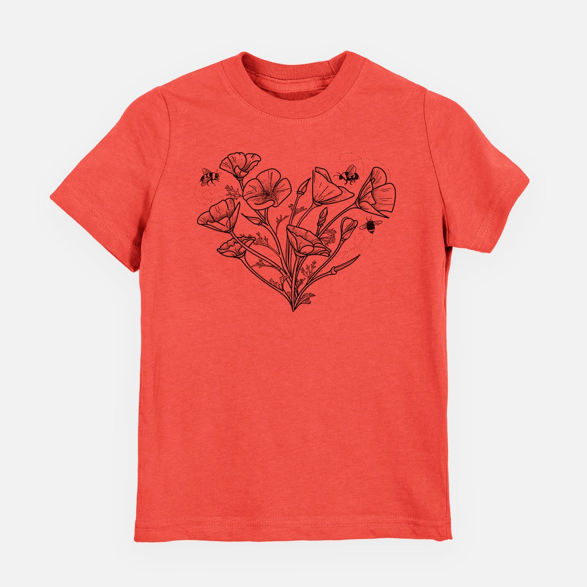 Passionfruit pink youth t-shirt laid flat, printed with a black ink line drawing of California poppies arranged in a heart shape, with small bees.