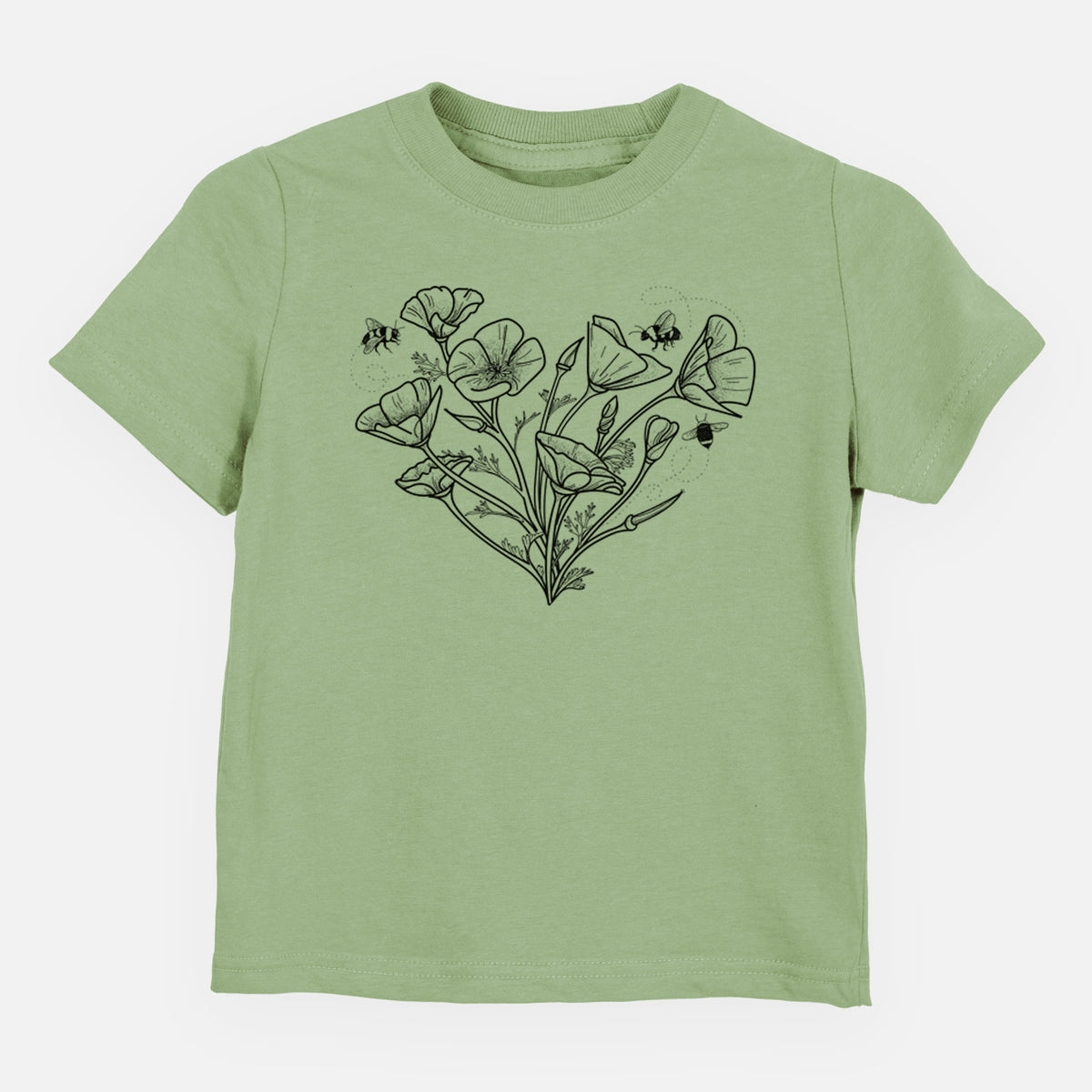 Sage green toddler t-shirt laid flat, printed with a black ink line drawing of California poppies arranged in a heart shape, with small bees.