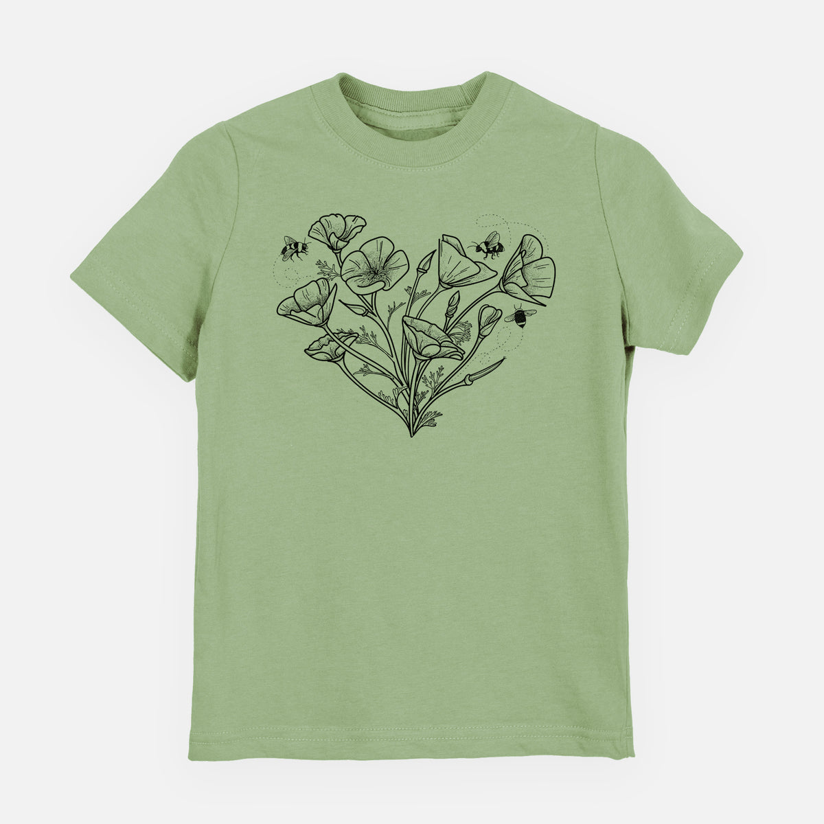 Sage green youth t-shirt laid flat, printed with a black ink line drawing of California poppies arranged in a heart shape, with small bees.