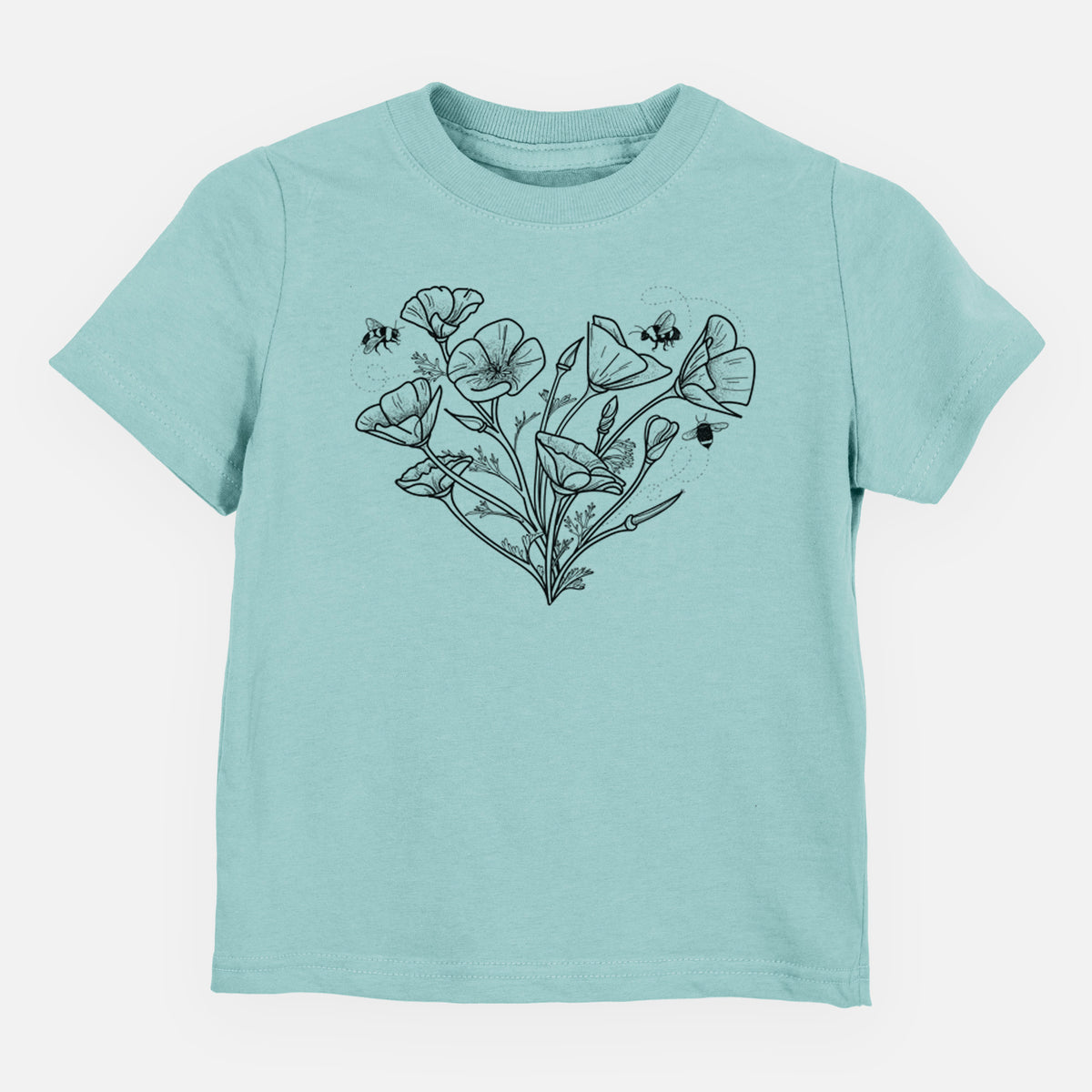 Saltwater toddler t-shirt laid flat, printed with a black ink line drawing of California poppies arranged in a heart shape, with small bees.