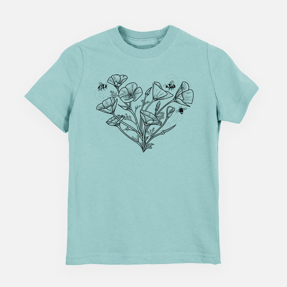 Saltwater youth t-shirt laid flat, printed with a black ink line drawing of California poppies arranged in a heart shape, with small bees.