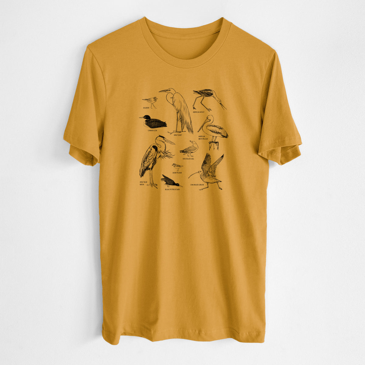 Honeycomb yellow lightweight cotton t-shirt laid flat, printed with a chart of black ink California shorebirds, including herons, egrets, avocets and sandpipers.