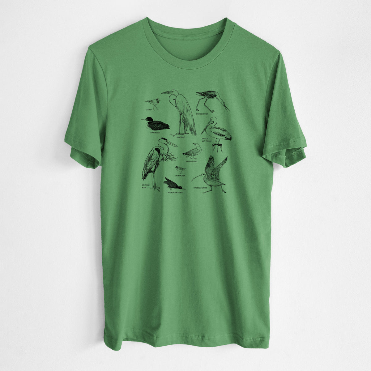 Leaf green lightweight cotton t-shirt laid flat, printed with a chart of black ink California shorebirds, including herons, egrets, avocets and sandpipers.