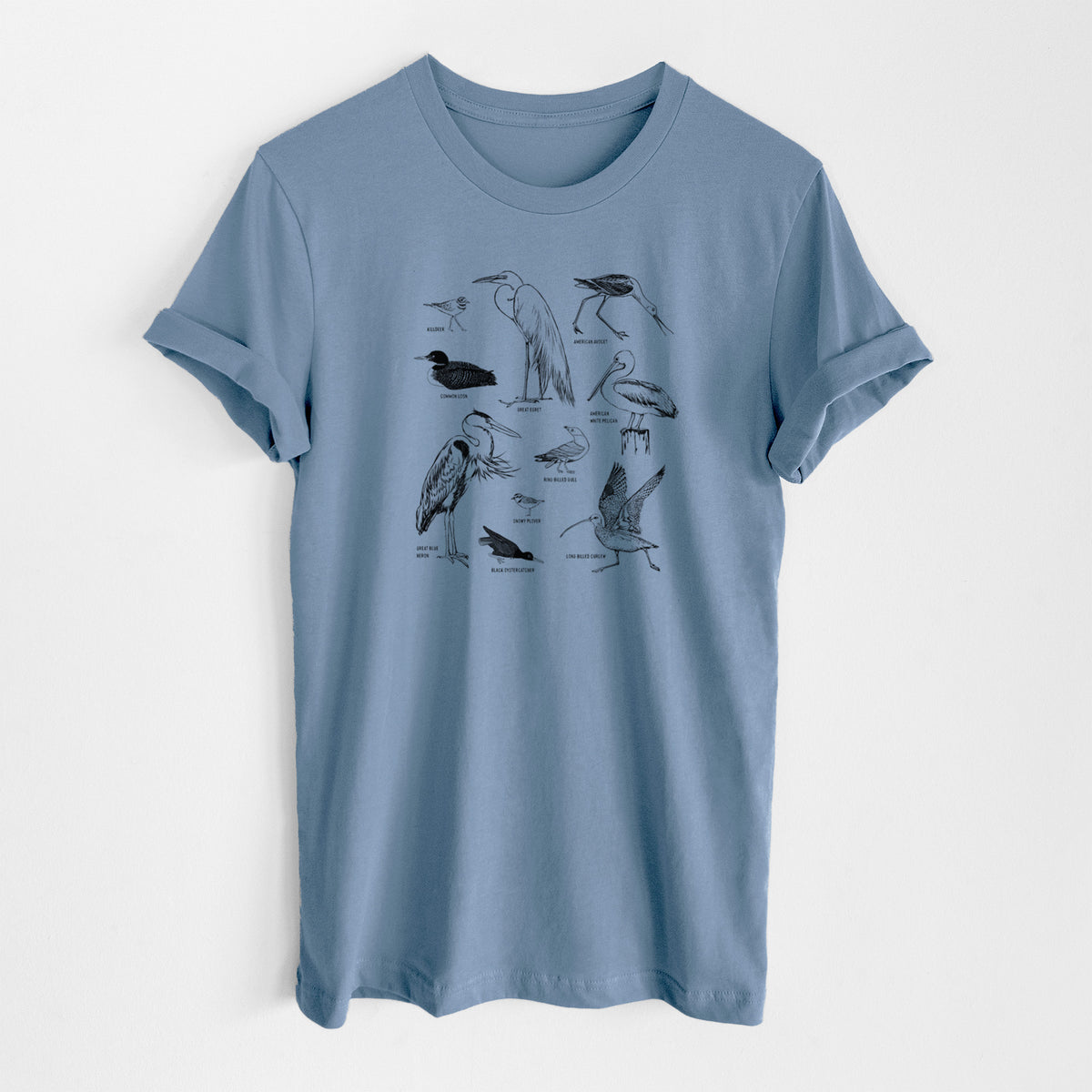 Steel blue lightweight cotton t-shirt laid flat, printed with a chart of black ink California shorebirds, including herons, egrets, avocets and sandpipers.