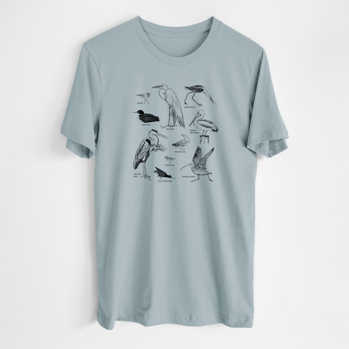Vintage denim lightweight cotton t-shirt laid flat, printed with a chart of black ink California shorebirds, including herons, egrets, avocets and sandpipers.
