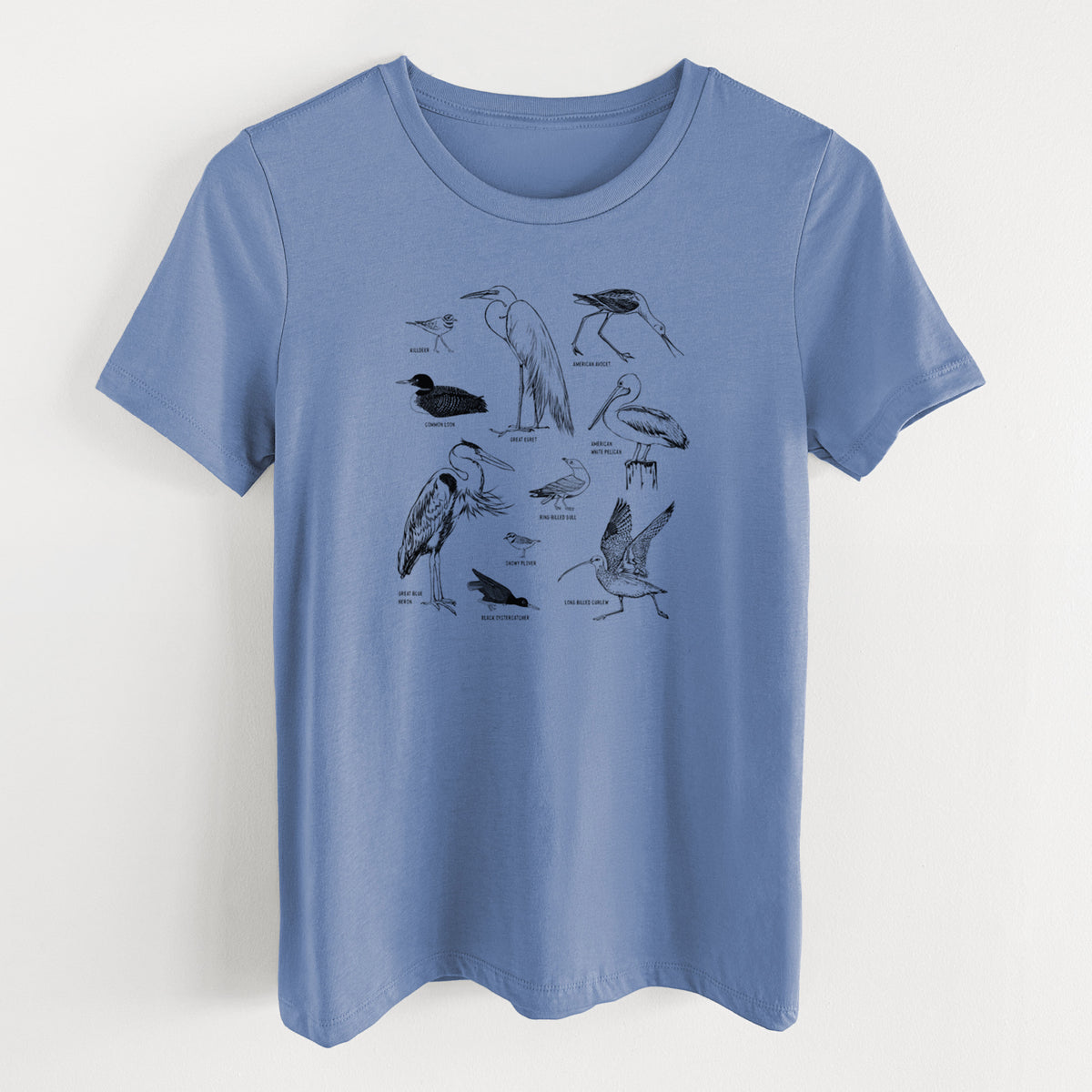 Blue bell women's relaxed fit cotton t-shirt laid flat, printed with a chart of black ink California shorebirds, including herons, egrets, avocets and sandpipers.