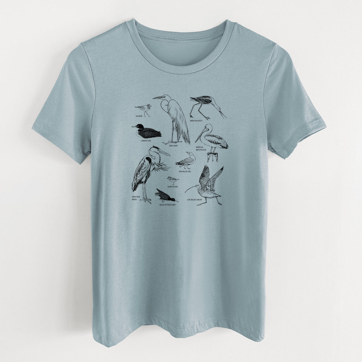 Vintage denim women's relaxed fit cotton t-shirt laid flat, printed with a chart of black ink California shorebirds, including herons, egrets, avocets and sandpipers.