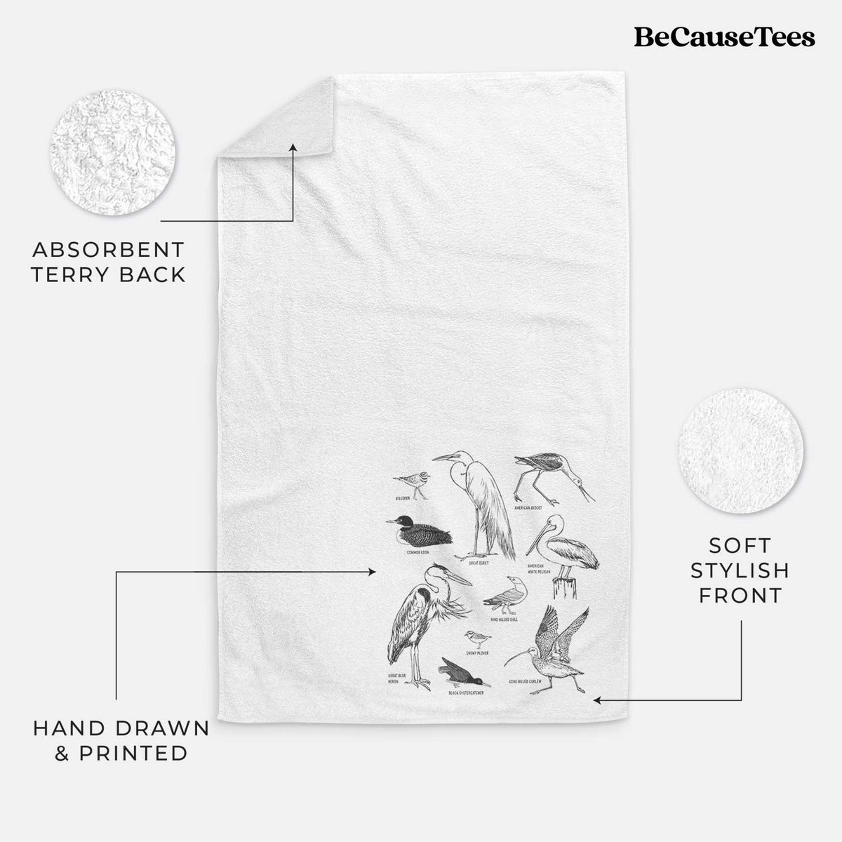 White hand towel printed with a chart of black ink California shorebirds, including herons, egrets, avocets and sandpipers.